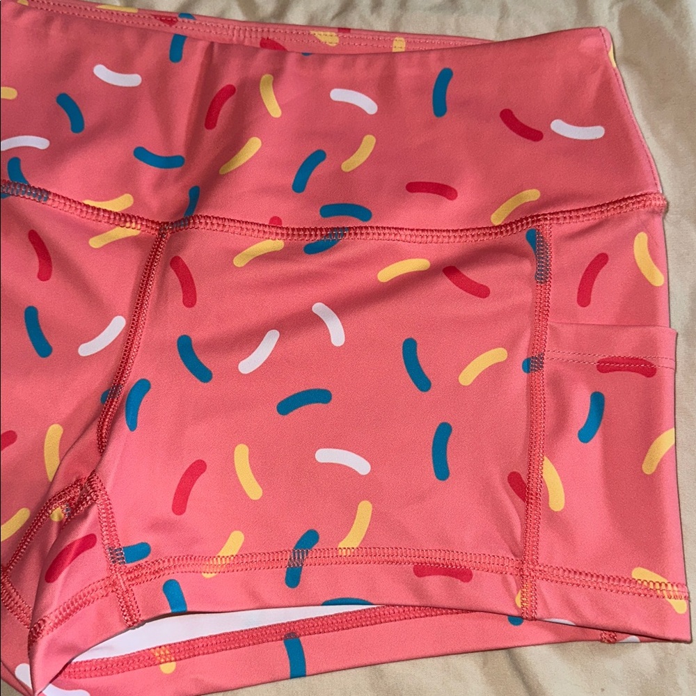 🍩 Feed Me Fight Me 🍩 *NEW* Women's Pink Donut Sprinkle Athletic Workout Shorts - Picture 5 of 12